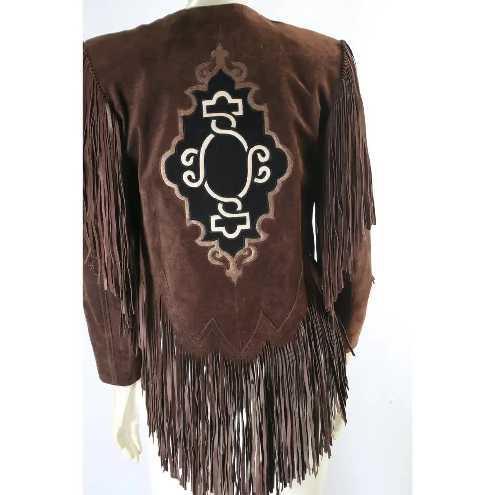 Vintage Brown Suede Fringe Western Jacket XS Boho Embroidered Statement Piece - Picture 11 of 16